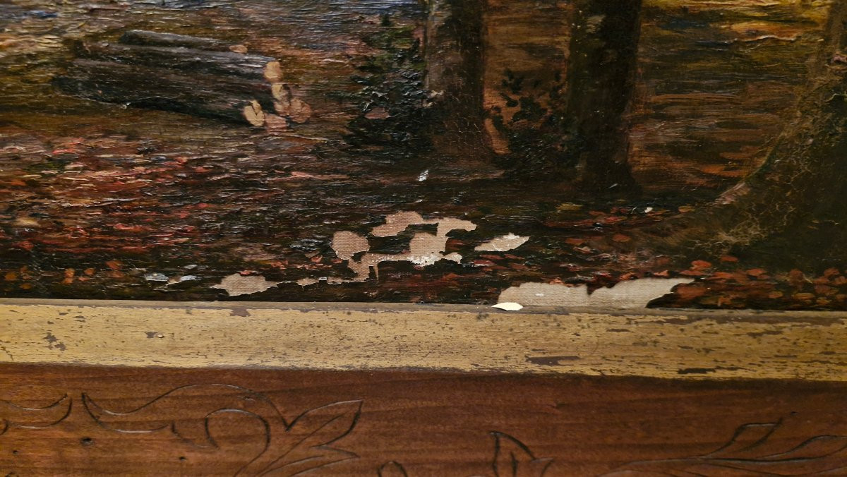 Huile sur toile Représentant un paysage, Cadre gothique-photo-6