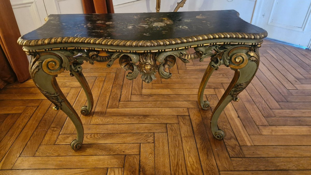 Patinated And Gilded Wooden Console Table With Painted Floral Decoration, Napoleon III Style -photo-2