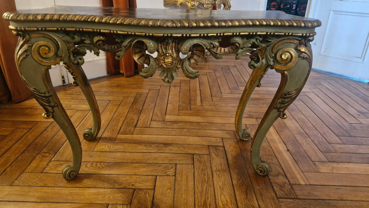 Patinated And Gilded Wooden Console Table With Painted Floral Decoration, Napoleon III Style -photo-1