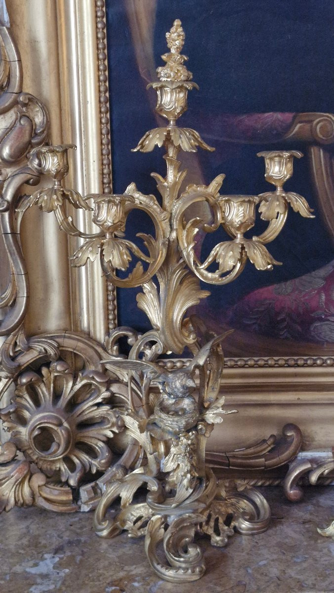 Napoleon III Bronze Mantelpiece Set With Bird And Nest Decoration -photo-3