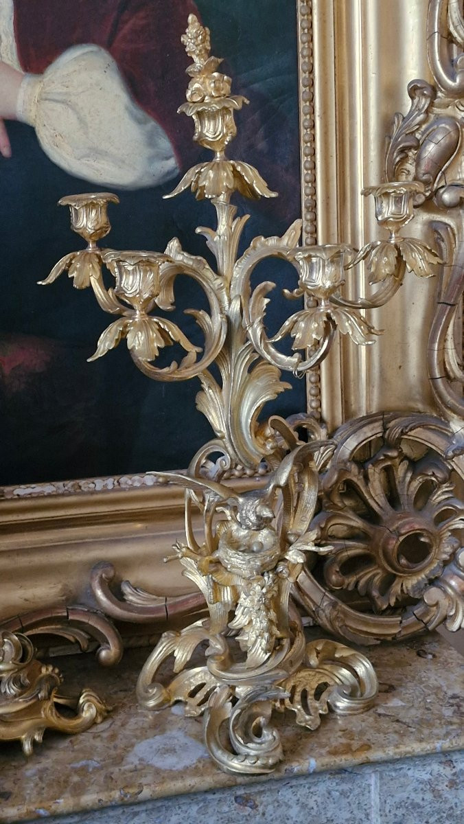 Napoleon III Bronze Mantelpiece Set With Bird And Nest Decoration -photo-4