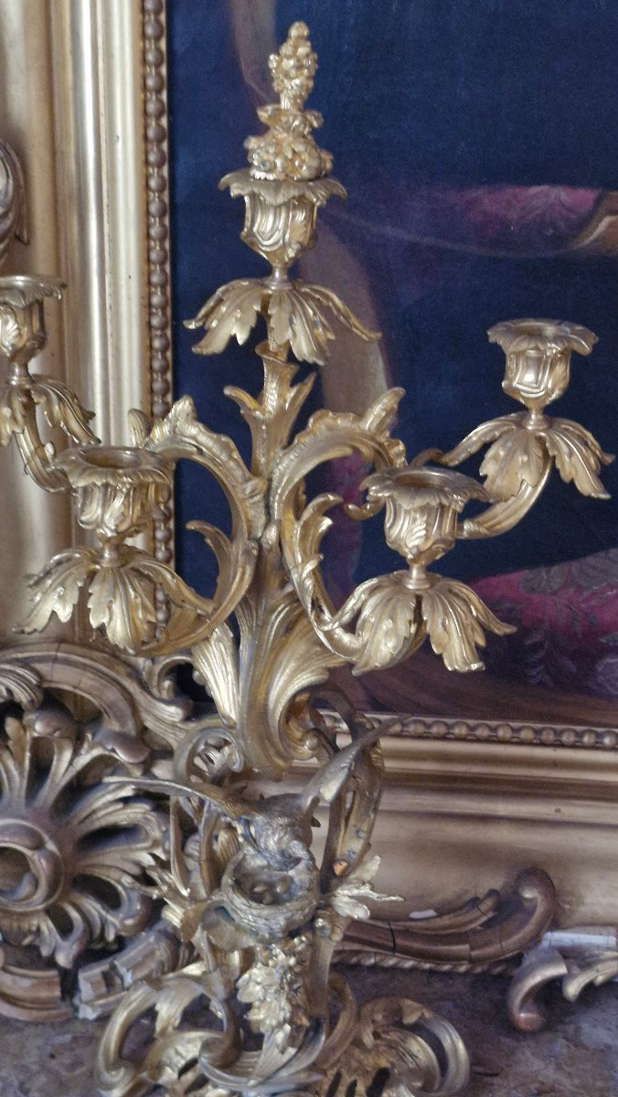 Napoleon III Bronze Mantelpiece Set With Bird And Nest Decoration -photo-5