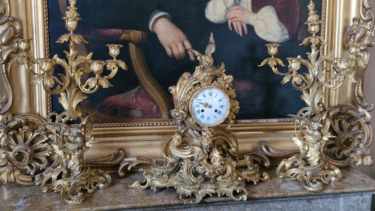 Proantic: Napoleon III Bronze Mantelpiece Set With Bird And Nest Decor