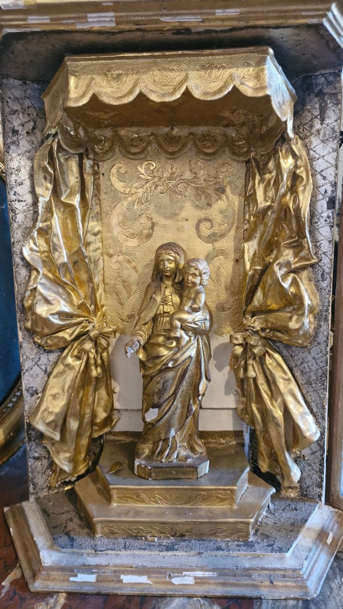 18th Century, Gilded Wooden Niche, Virgin And Child-photo-2