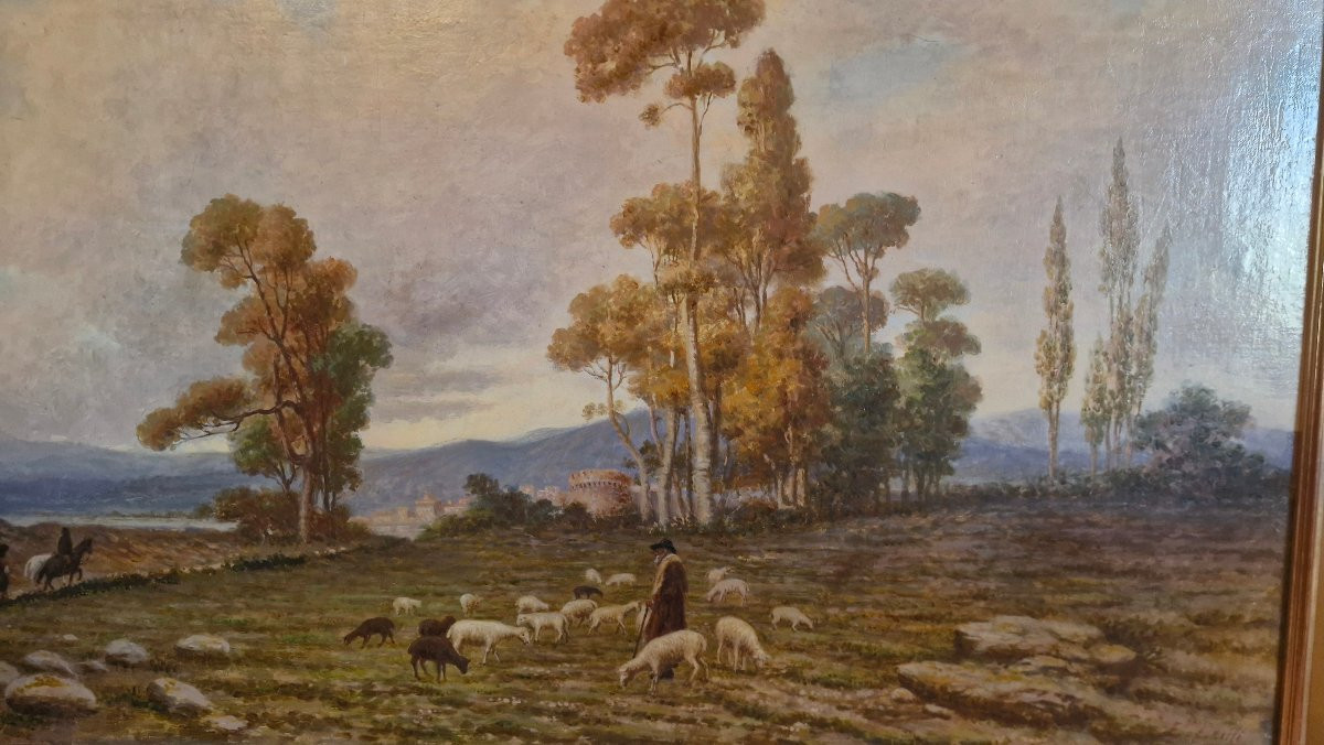 Painting Shepherd And His Flock Of Sheep-photo-2