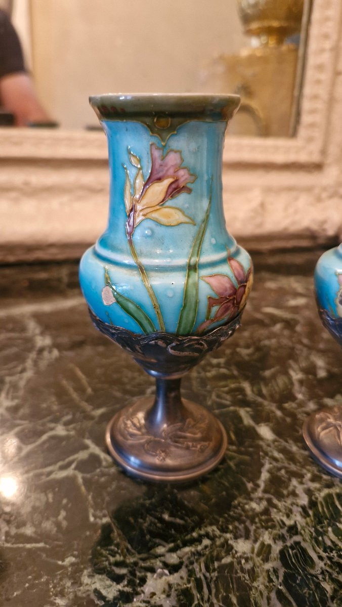 Pair Of Barbotine Vases, Silver Mount-photo-2