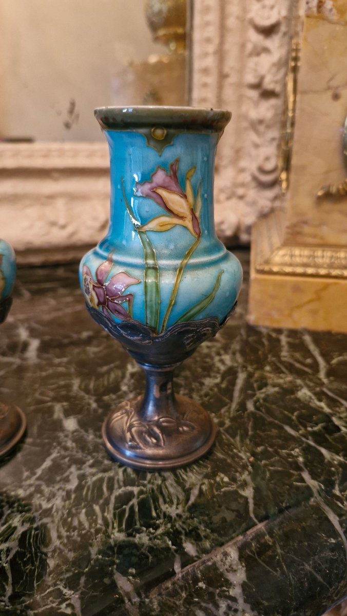 Pair Of Barbotine Vases, Silver Mount-photo-3