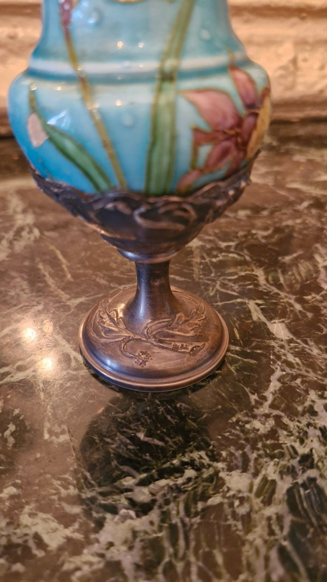 Pair Of Barbotine Vases, Silver Mount-photo-4