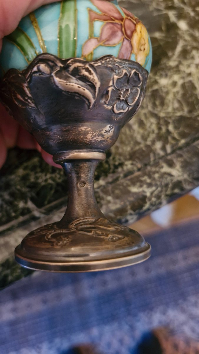 Pair Of Barbotine Vases, Silver Mount-photo-2
