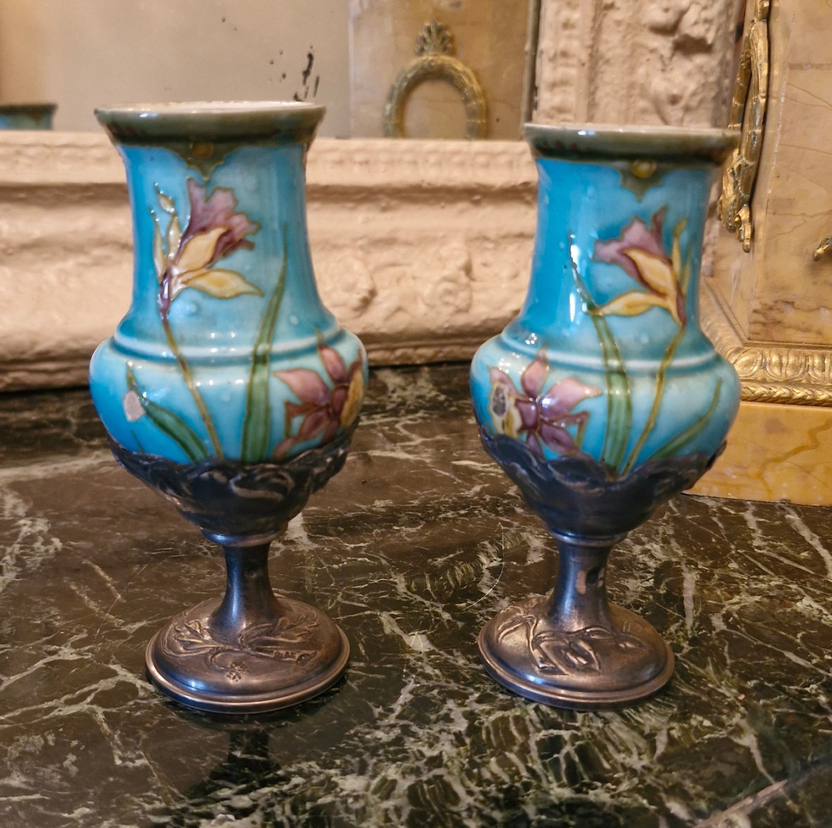 Pair Of Barbotine Vases, Silver Mount