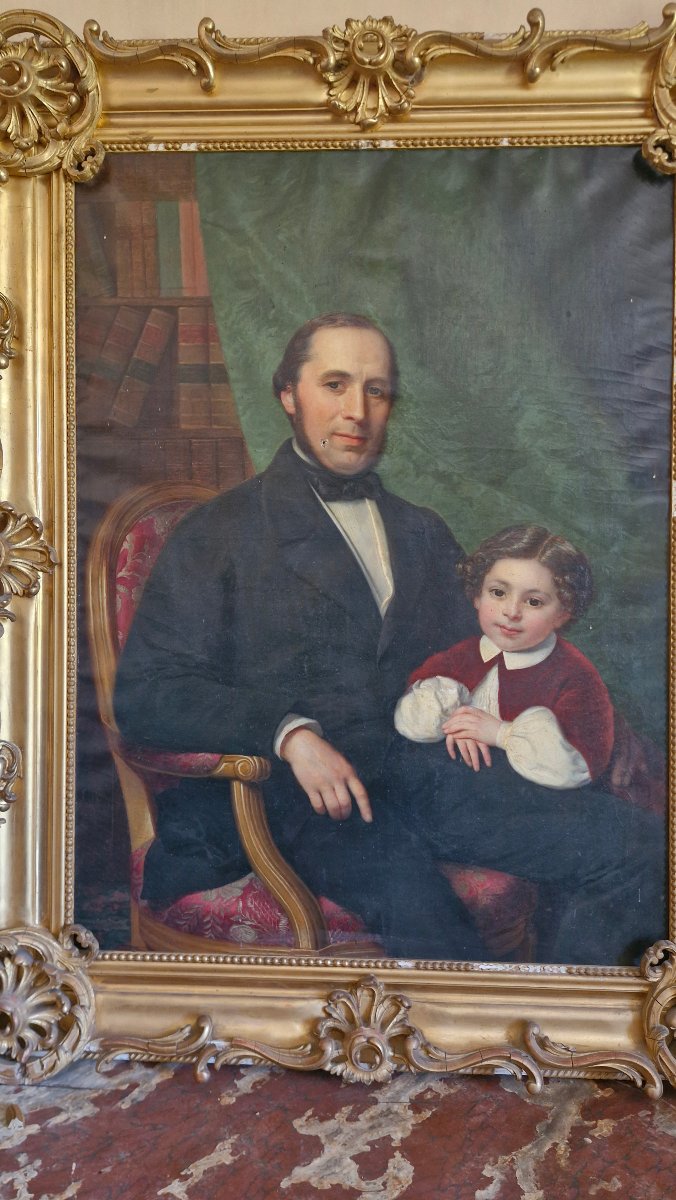 Sophie Rude, huile sur toile Représentant un homme et son enfant dans son bureau-photo-4