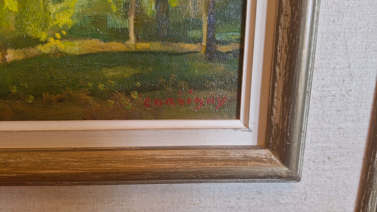 André Charigny, peinture Huile matin en forêt au printemps -photo-3