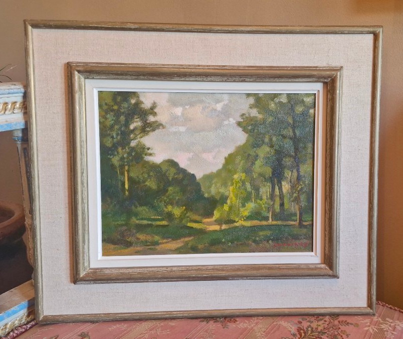 André Charigny, peinture Huile matin en forêt au printemps 