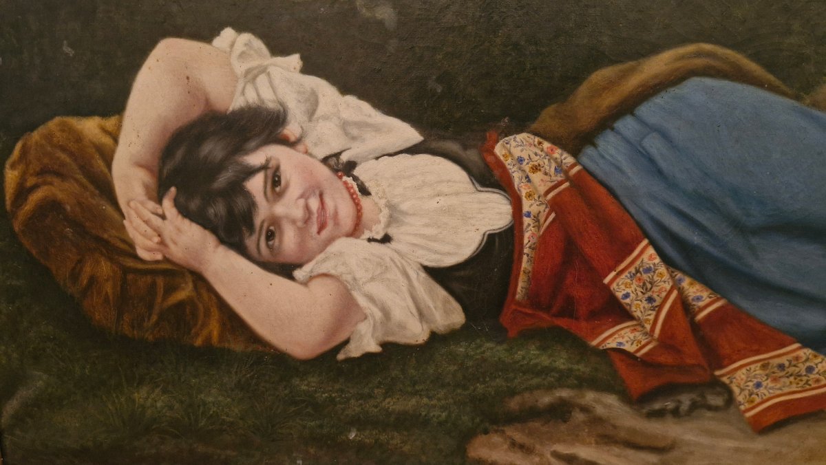 Oil On Canvas, Young Girl Lying Under A Tree, 19th Century -photo-2