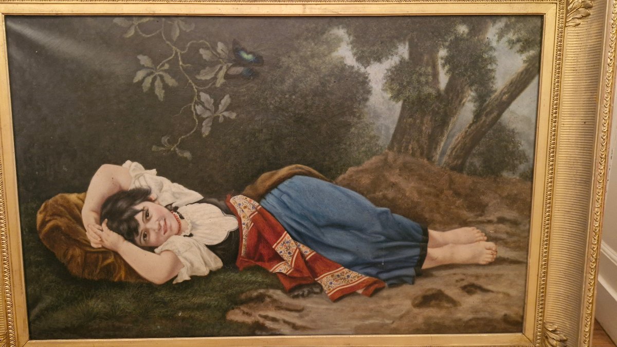 Oil On Canvas, Young Girl Lying Under A Tree, 19th Century -photo-3