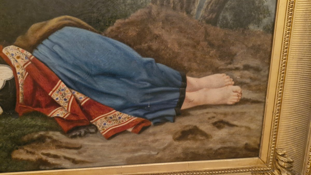 Oil On Canvas, Young Girl Lying Under A Tree, 19th Century -photo-4