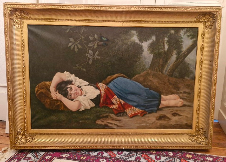 Oil On Canvas, Young Girl Lying Under A Tree, 19th Century 