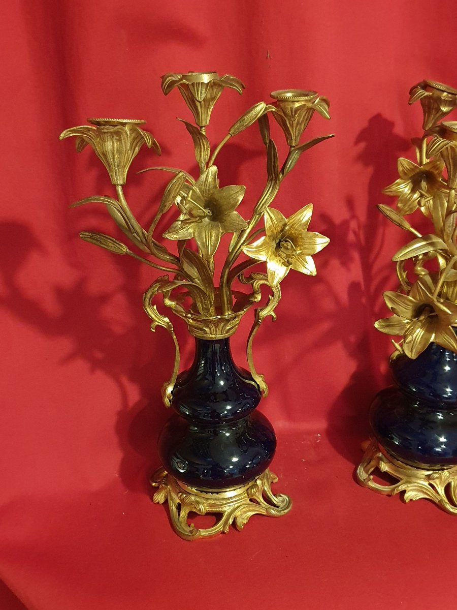 Pair Of Blue Porcelain Candelabra And Gilt Bronze XIXth S-photo-2