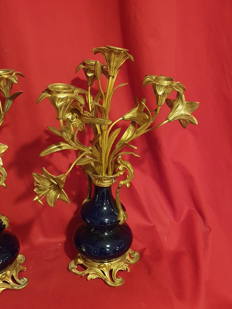 Pair Of Blue Porcelain Candelabra And Gilt Bronze XIXth S-photo-3