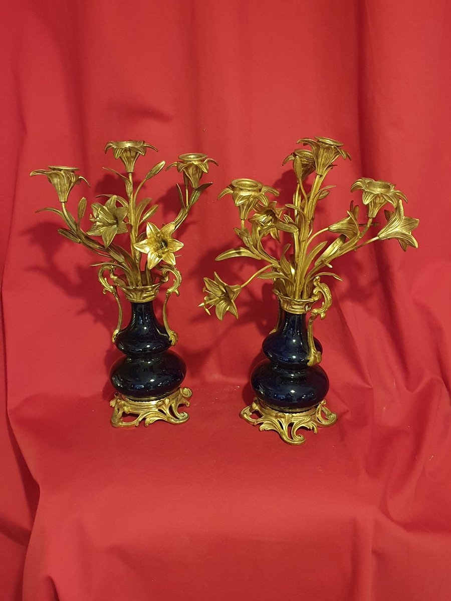 Pair Of Blue Porcelain Candelabra And Gilt Bronze XIXth S