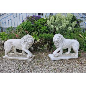 Paire De Lion De Jardin En Pierre, Décoration Jardin