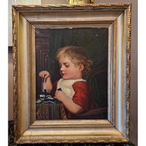 Peinture, huile sur toile, enfant jouant aux dominos