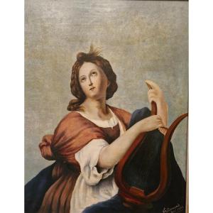 Huile sur toile femme à la lyre
