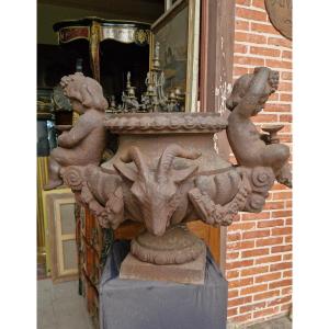 Cast Iron Medicis Vase, Cherub And Ram's Head