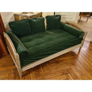 Lit de repos style Louis XVI laqué gris et canné