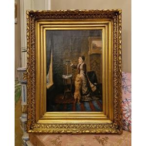Huile sur toile scène d'intérieur femme au perroquet