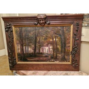 Huile sur toile Représentant un paysage, Cadre gothique