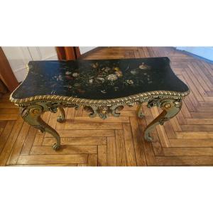 Patinated And Gilded Wooden Console Table With Painted Floral Decoration, Napoleon III Style 