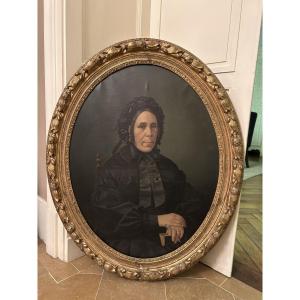 Portrait Of A 19th-century Lady In Its Gilded Wooden Frame 