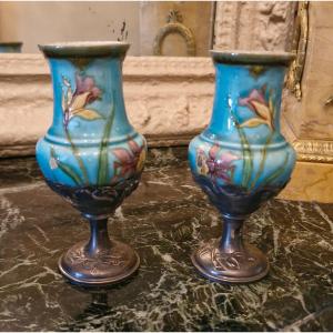Pair Of Barbotine Vases, Silver Mount