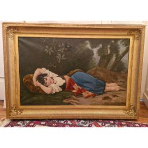 Oil On Canvas, Young Girl Lying Under A Tree, 19th Century 