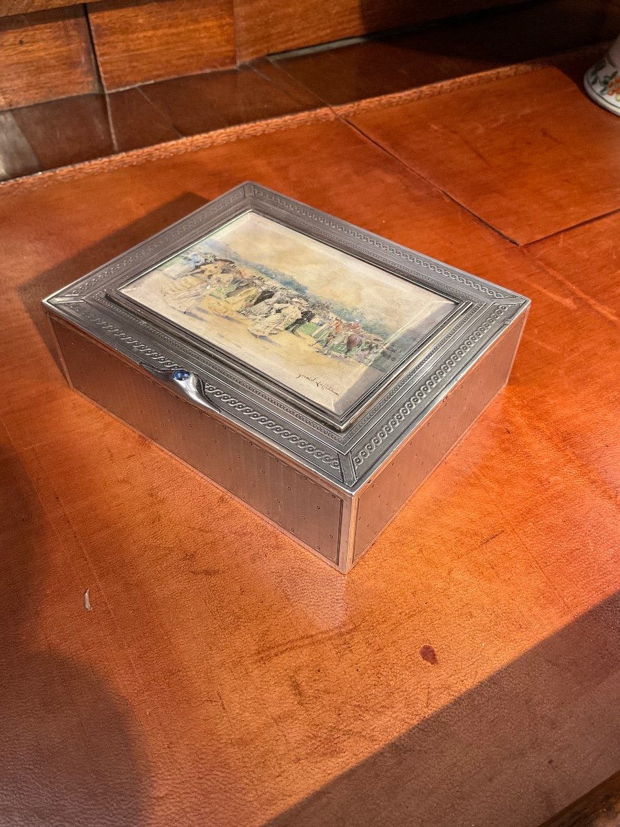 Boîte En Argent Risler Et Carré. Aquarelle De Gérald Laffite. 