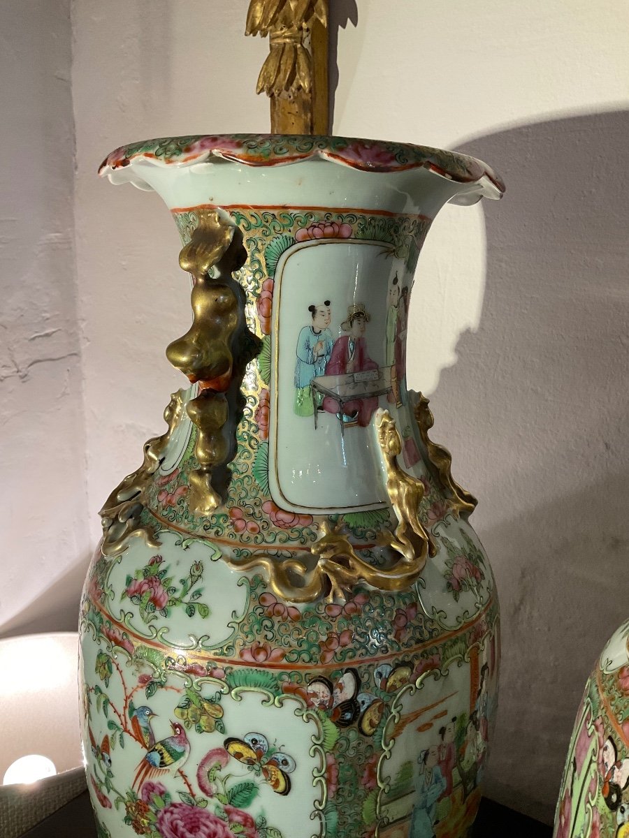 Paire De Vases Porcelaine De Canton. 19ème Siècle. -photo-2