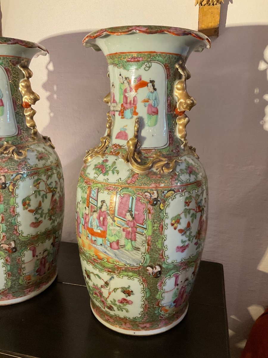 Paire De Vases Porcelaine De Canton. 19ème Siècle. -photo-3