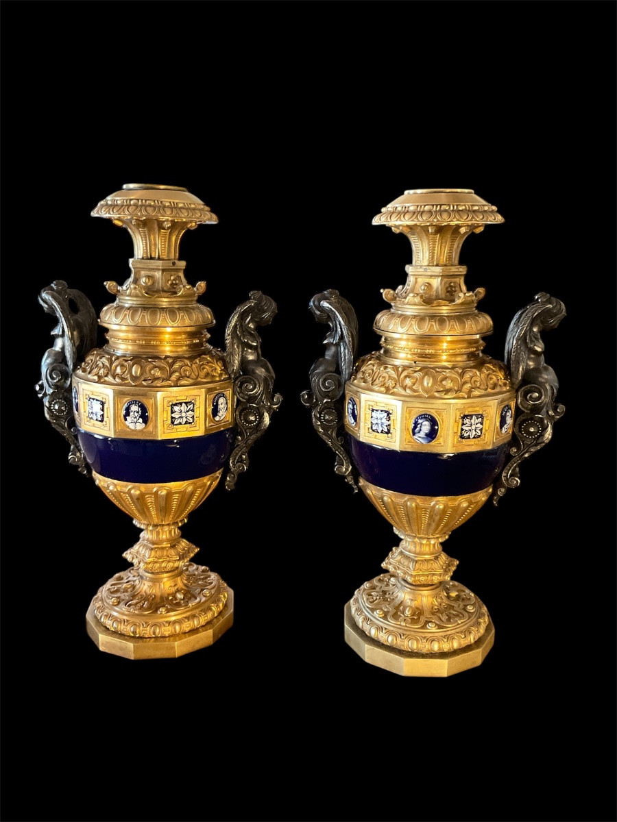 Pair Of Gilt Bronze And Porcelain Lamps. Napoleon III Period-photo-2