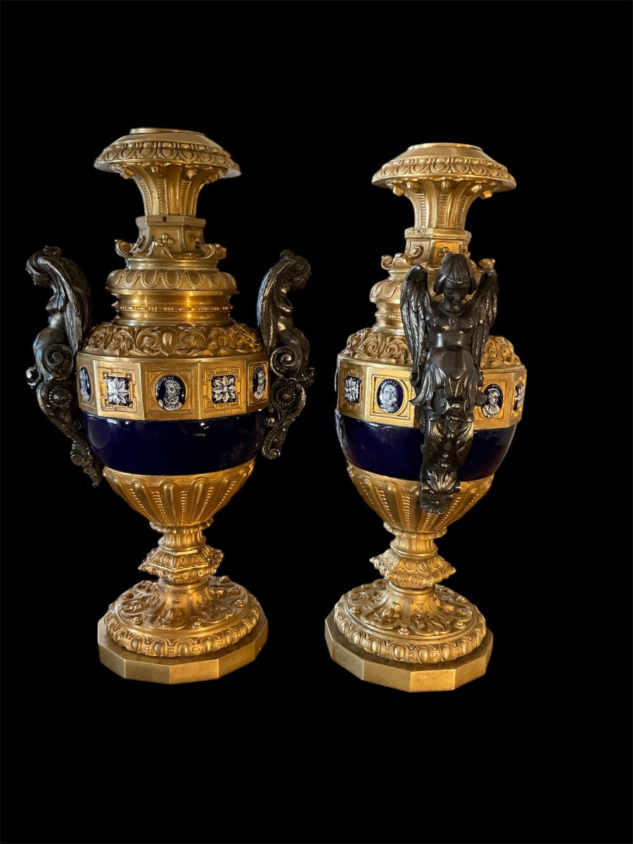 Pair Of Gilt Bronze And Porcelain Lamps. Napoleon III Period-photo-4