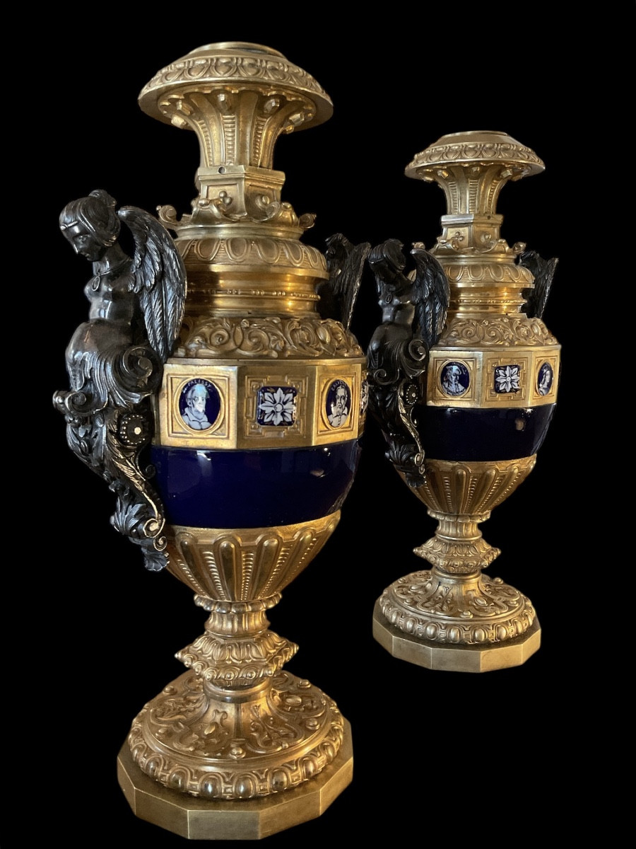 Pair Of Gilt Bronze And Porcelain Lamps. Napoleon III Period