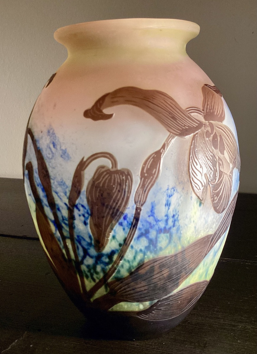 “orchids” Emile Gallé, Vase With Acid-etched Flower Decoration. -photo-2