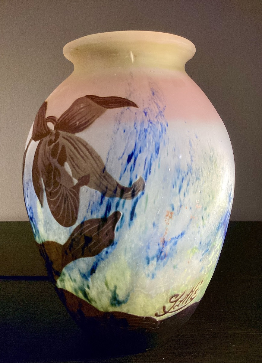 “orchids” Emile Gallé, Vase With Acid-etched Flower Decoration. -photo-3