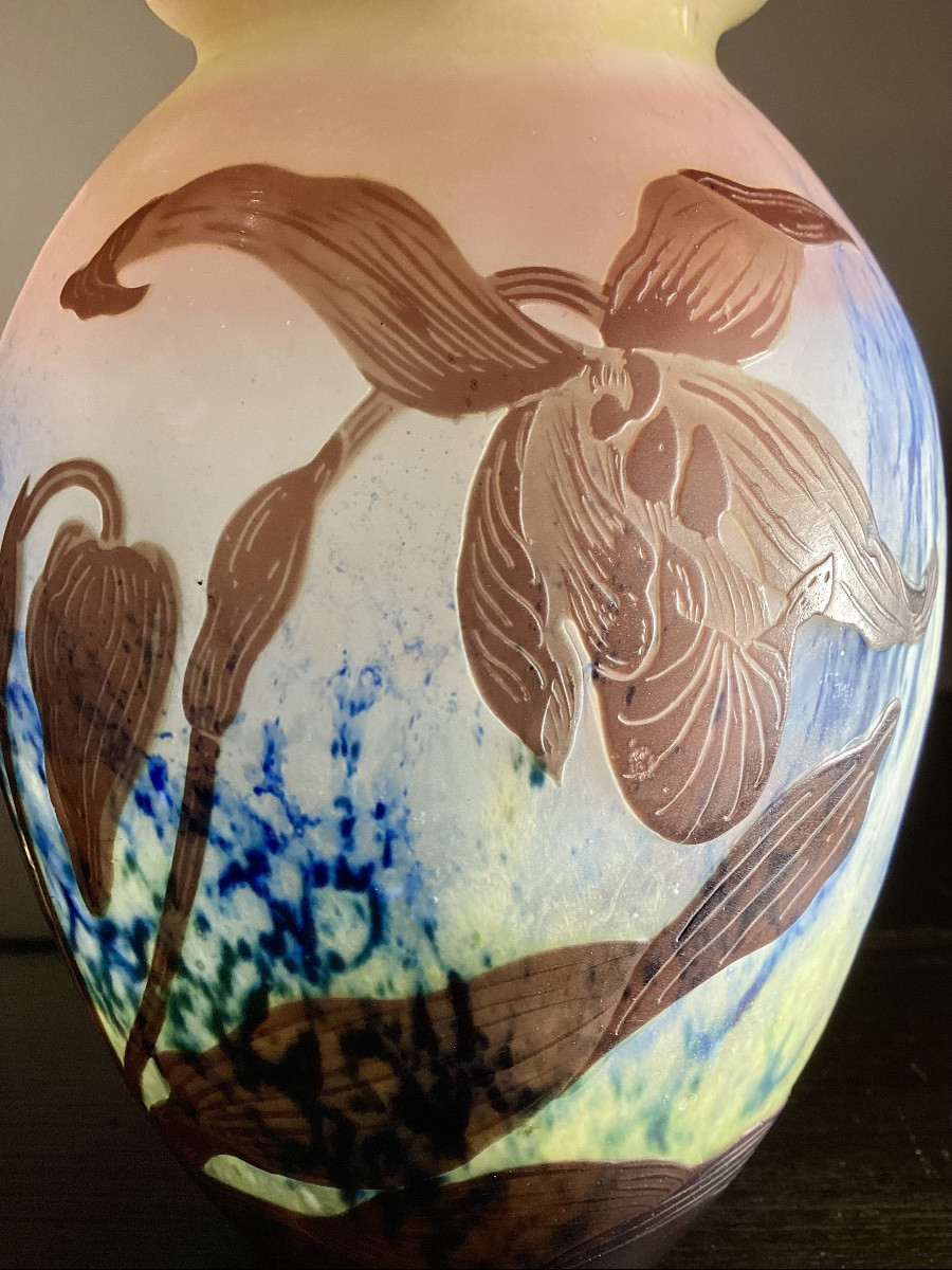 “orchids” Emile Gallé, Vase With Acid-etched Flower Decoration. -photo-4