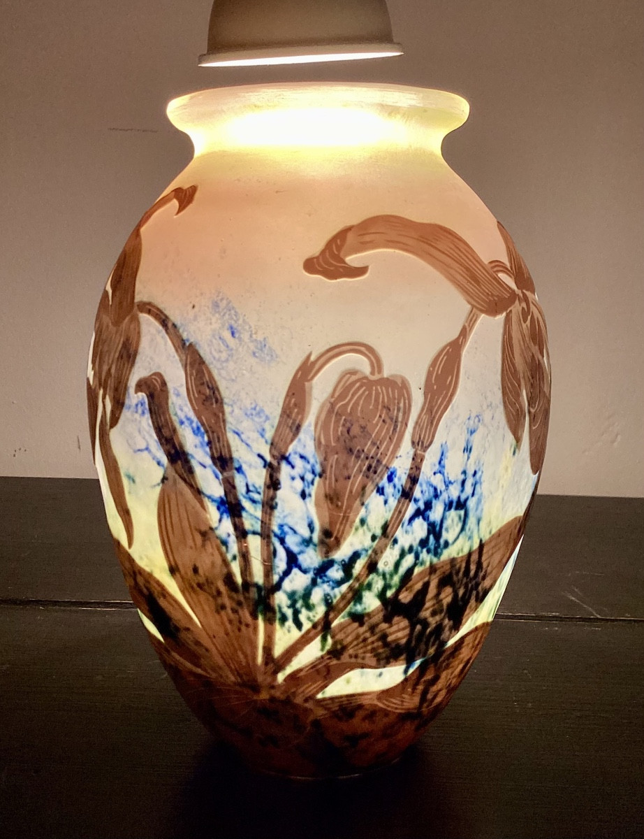 “orchids” Emile Gallé, Vase With Acid-etched Flower Decoration. 