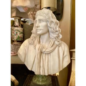 Large Bust Of Molière After Houdon In Carrara Marble.