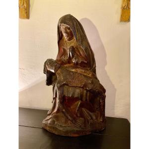 Virgin Of Pieta Or “pieta”. Polychrome Carved Wood.