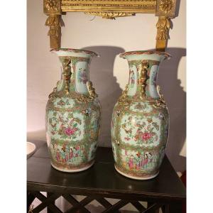 Pair Of Canton Porcelain Vases. 19th Century.