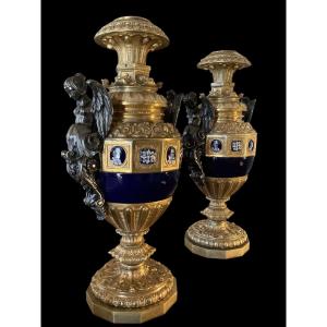Pair Of Gilt Bronze And Porcelain Lamps. Napoleon III Period