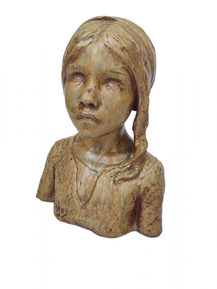 Buste De Jeune Fille En Grès. Signé daté H Vernhes Sculpteur &  Paul Jeanneney. 1909. Grès De Puisaye-photo-2